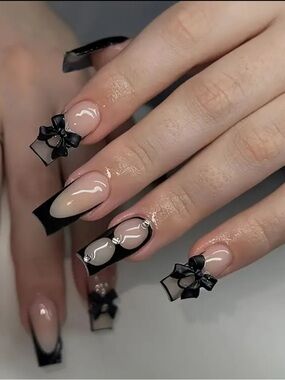 24 pcs black french tip press on nails